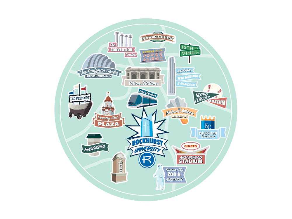 Illustrated map displaying Rockhurst University's proximity to various Kansas City locations, including the Plaza, Brookside, Waldo, Zoo, Arrowhead and Kaufman Stadium and more.